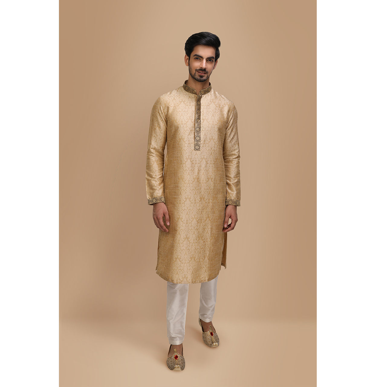 alt message - Manyavar Men Beige Jacquard Kurta Set image number 1